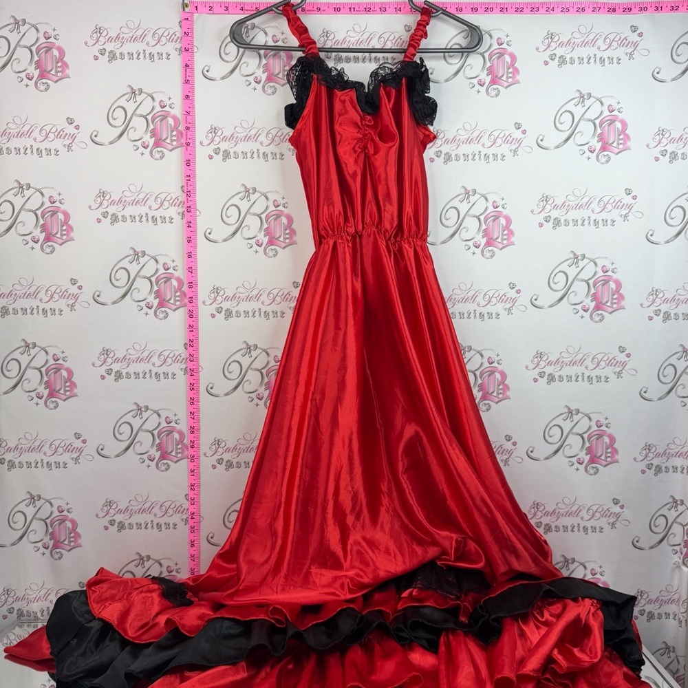 Form by rubies ii dress long ruffles Red Satin Maxi Dress with Black Trim